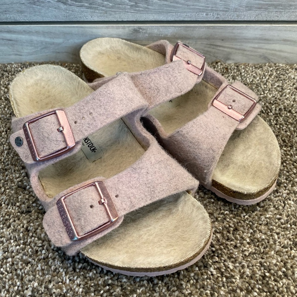 Birkenstock Kid's Arizona Shearling Suede Sandals Pink Wool Straps